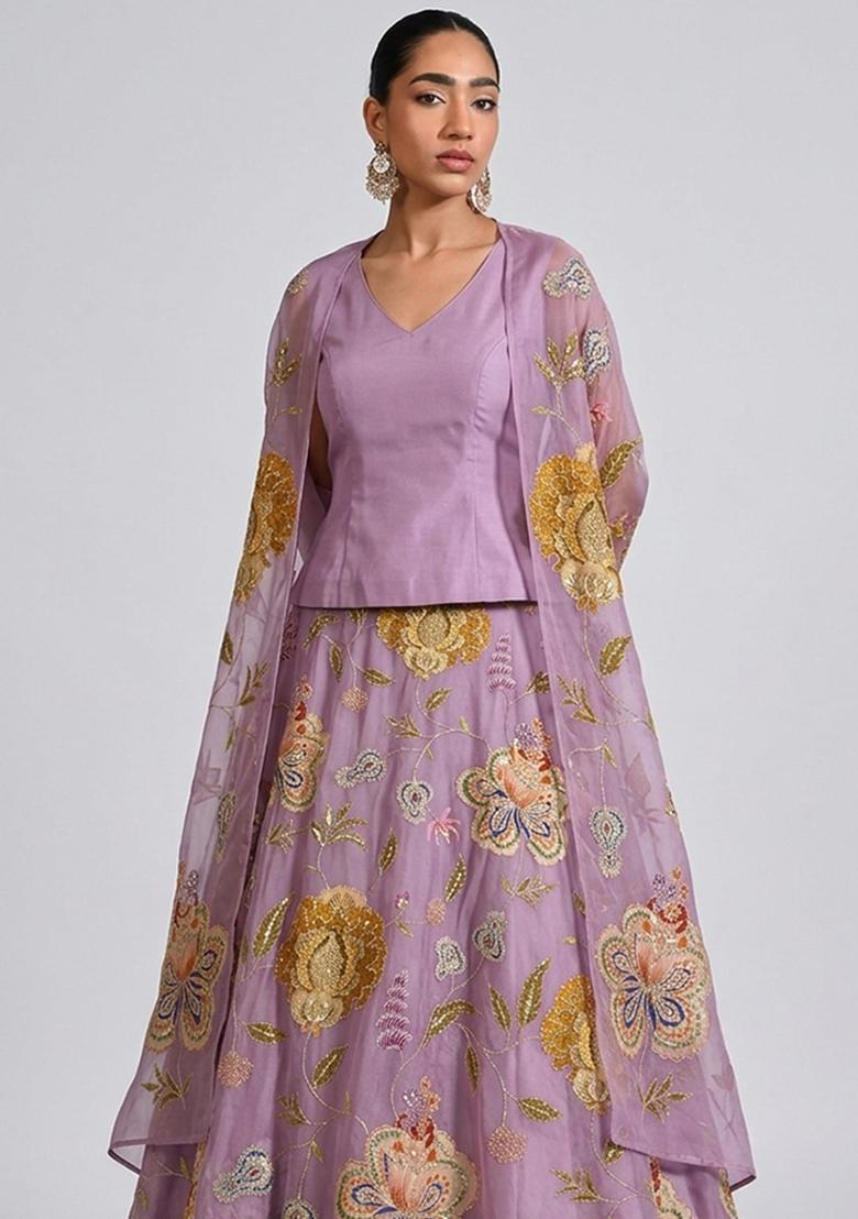 Lavender Printed Organza Lehenga Set - Indya