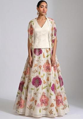 Off White Printed Organza Lehenga Set