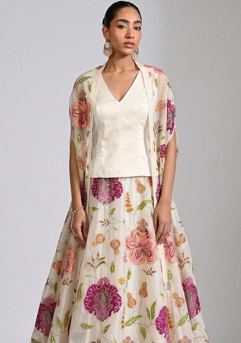 Off White Printed Organza Lehenga Set - Indya
