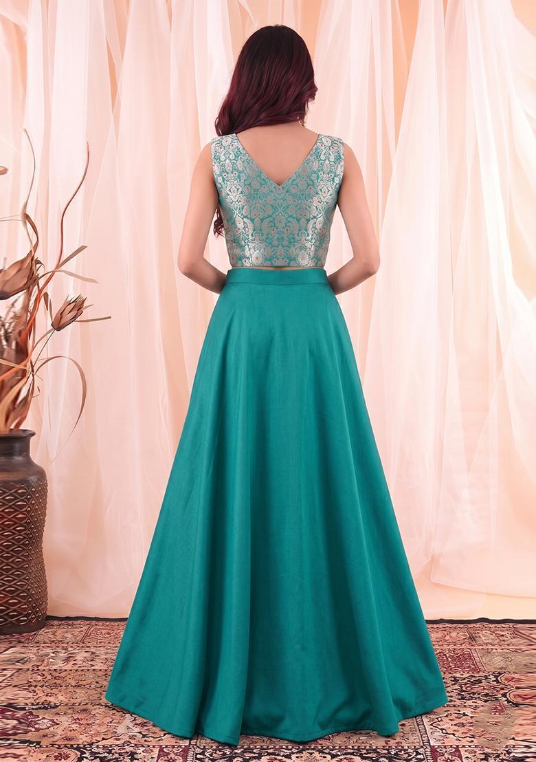Teal Brocade Lehenga Set - Indya