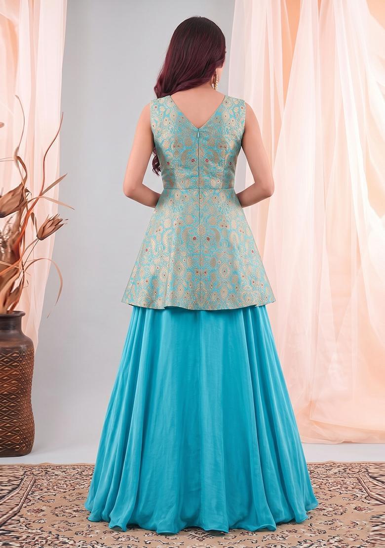 Teal Brocade Lehenga Set - Indya