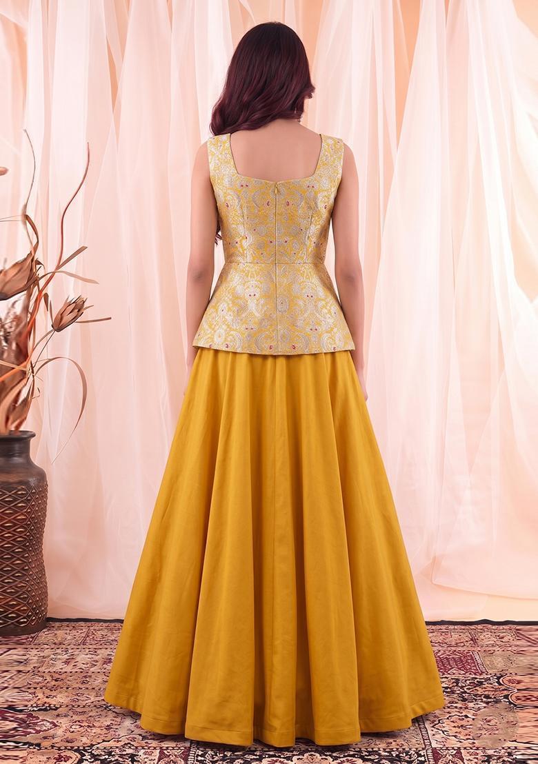 Mustard Brocade Lehenga Set - Indya