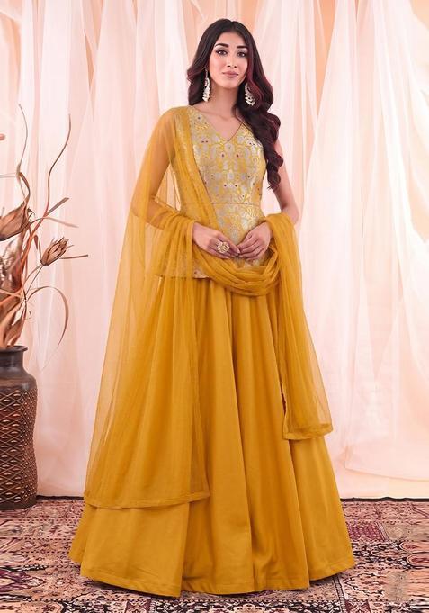 Mustard Brocade Lehenga Set
