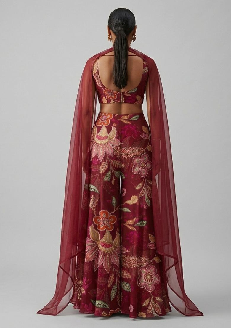 Deep Maroon Embroidered Organza Fusion Set - Indya