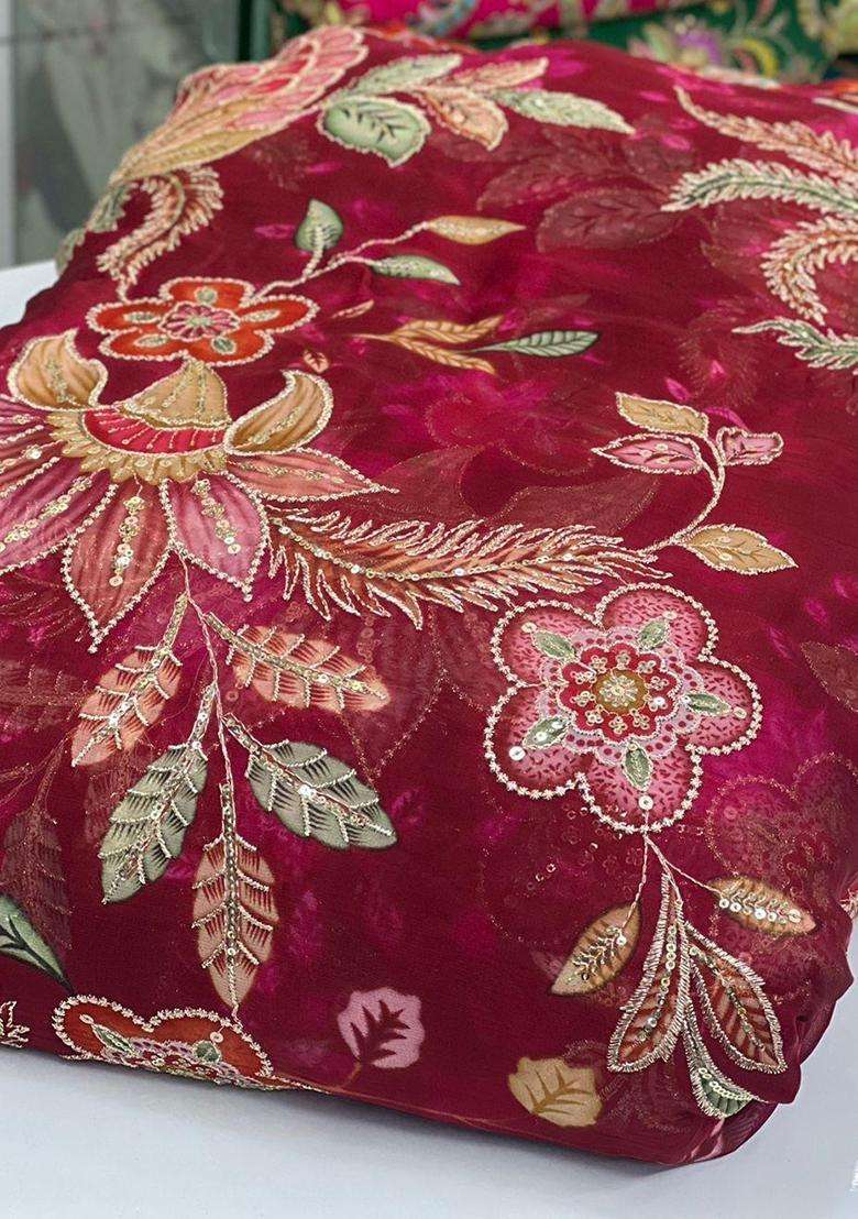 Deep Maroon Embroidered Organza Fusion Set - Indya