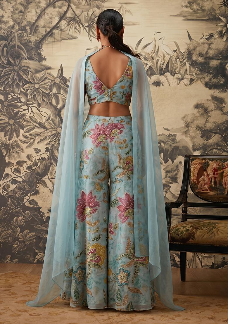Powder Blue Embroidered Organza Fusion Set - Indya