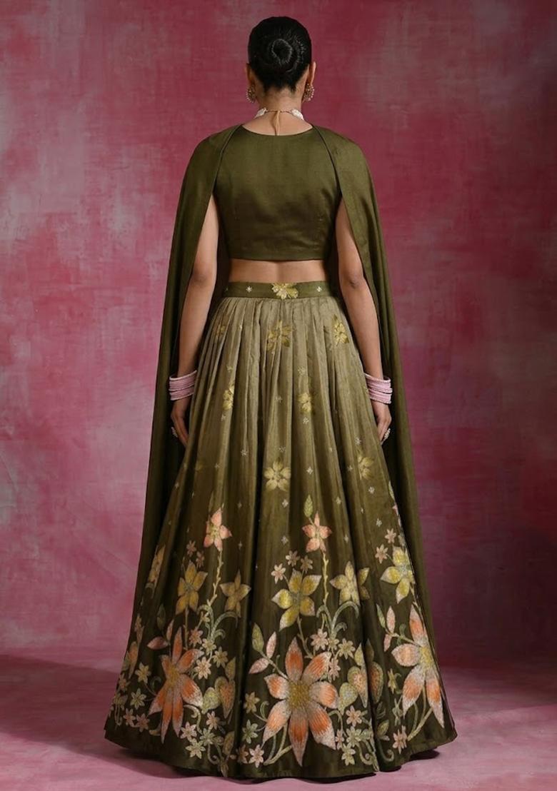 Olive Green Embroidered Crepe Lehenga Set - Indya