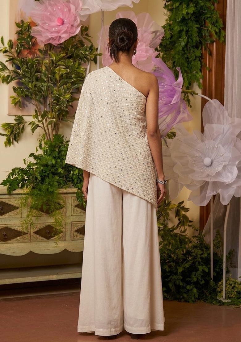 Off White Embroidered Georgette Fusion Set - Indya