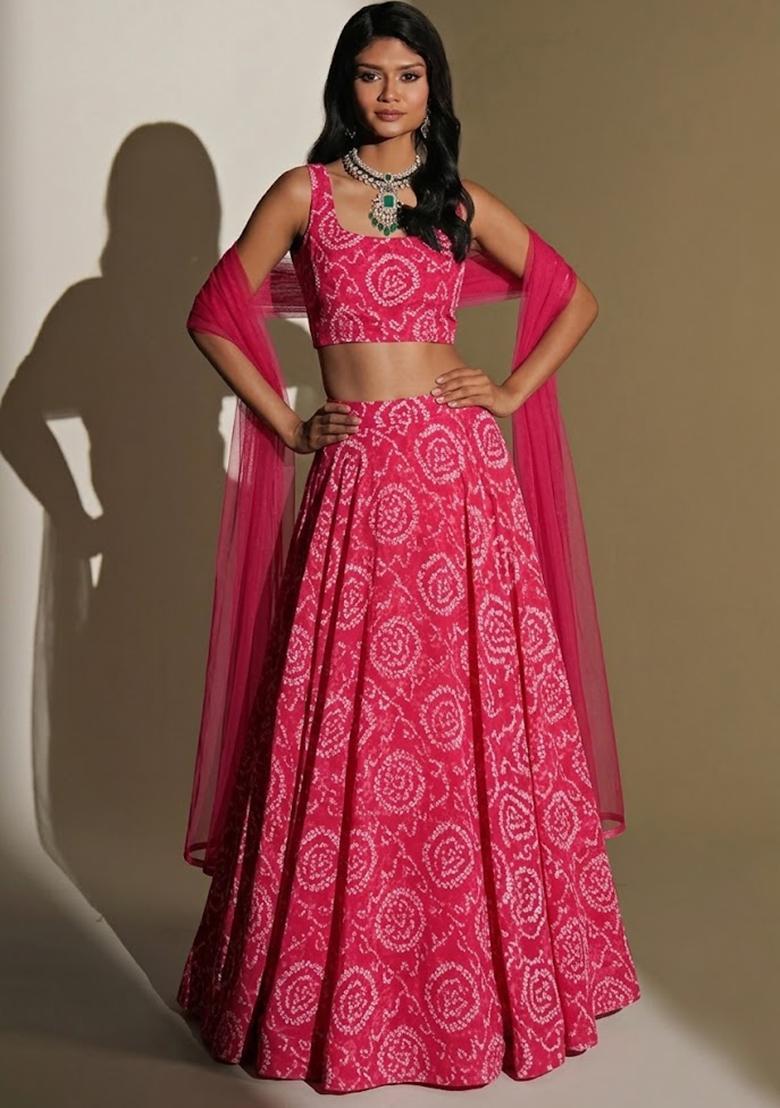 Pink Printed Chanderi Lehenga Set - Indya