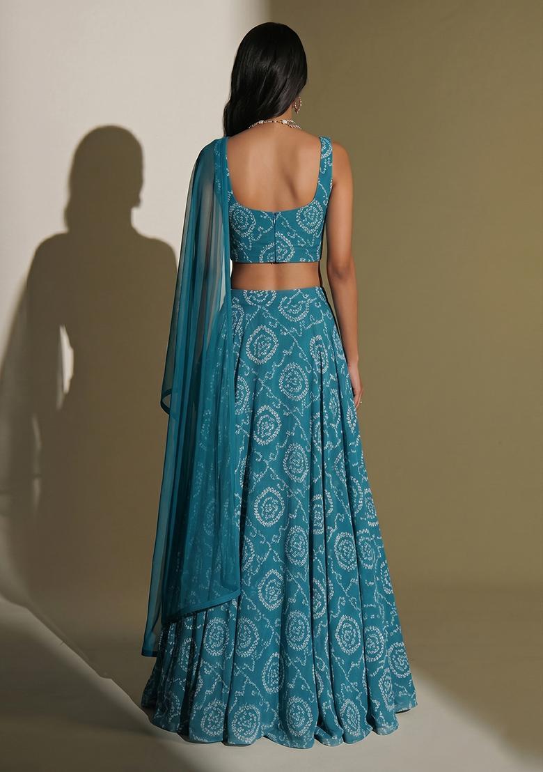 Teal Blue Printed Chanderi Lehenga Set - Indya