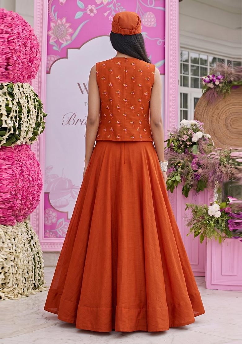 Rust Orange Embroidered Chanderi Lehenga Set - Indya