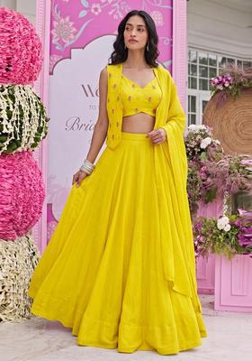 Bright Yellow Embroidered Chanderi Lehenga Set