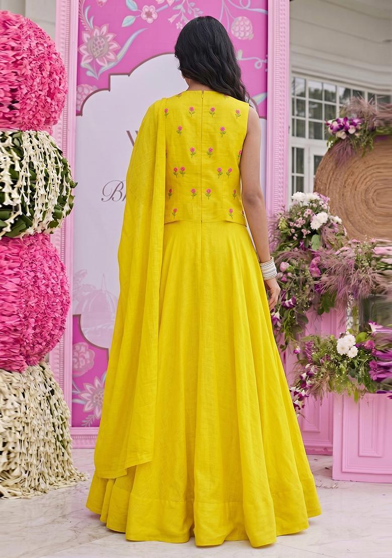 Bright Yellow Embroidered Chanderi Lehenga Set - Indya