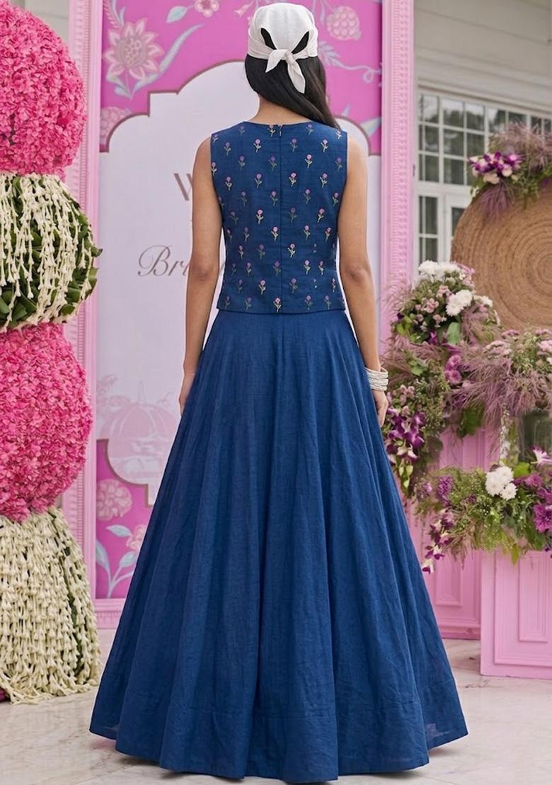 Dark Blue Embroidered Chanderi Lehenga Set - Indya
