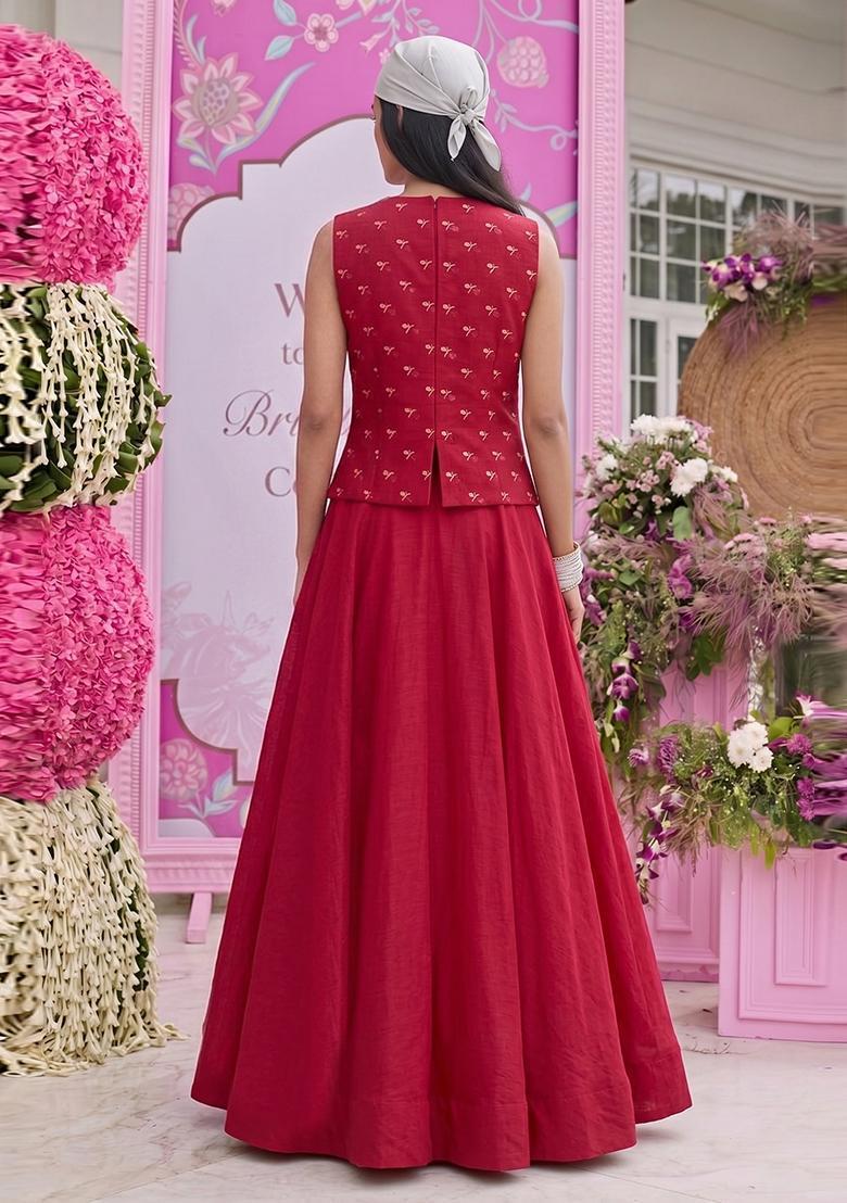 Dark Red Embroidered Chanderi Lehenga Set - Indya
