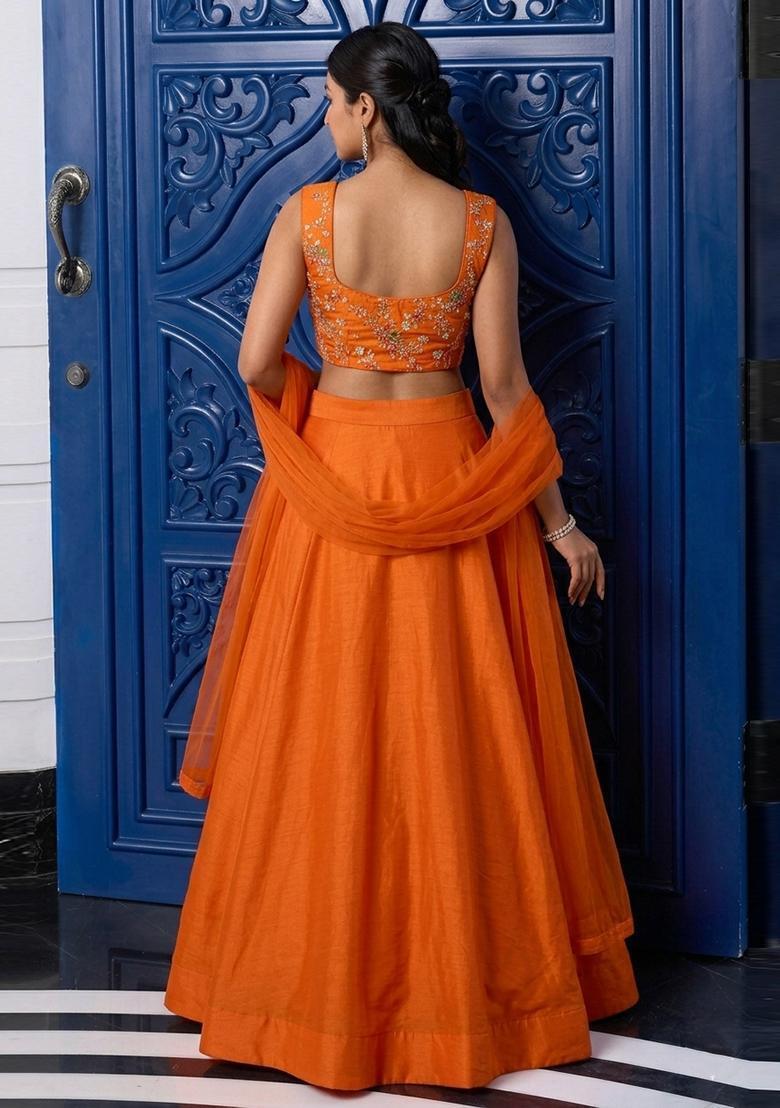 Bright Orange Embroidered Crepe Lehenga Set - Indya