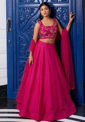 Pink Embroidered Crepe Lehenga Set