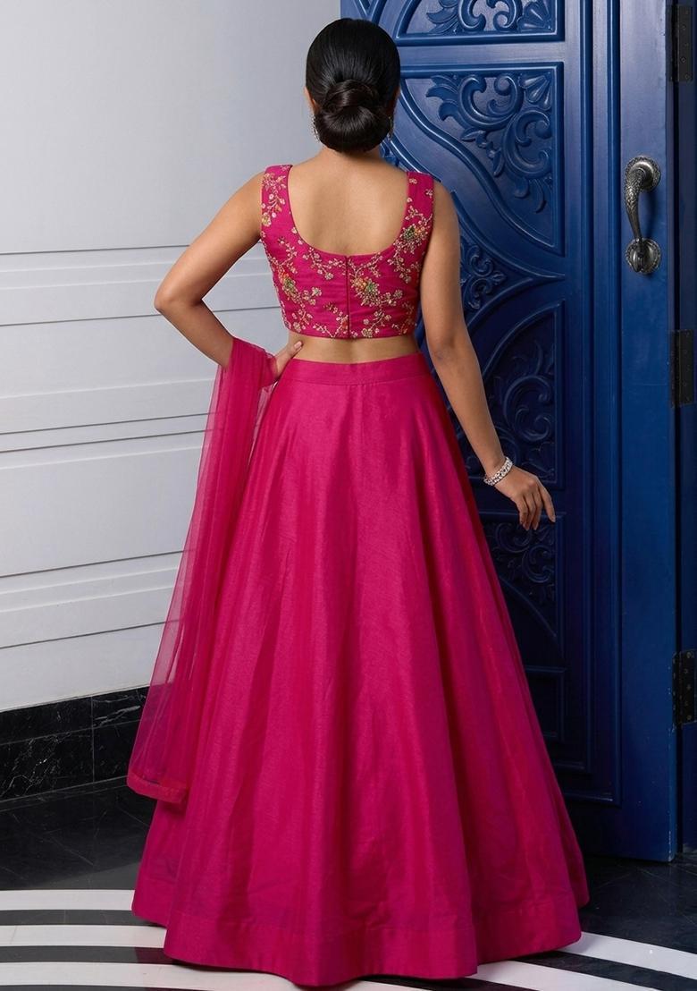 Pink Embroidered Crepe Lehenga Set - Indya
