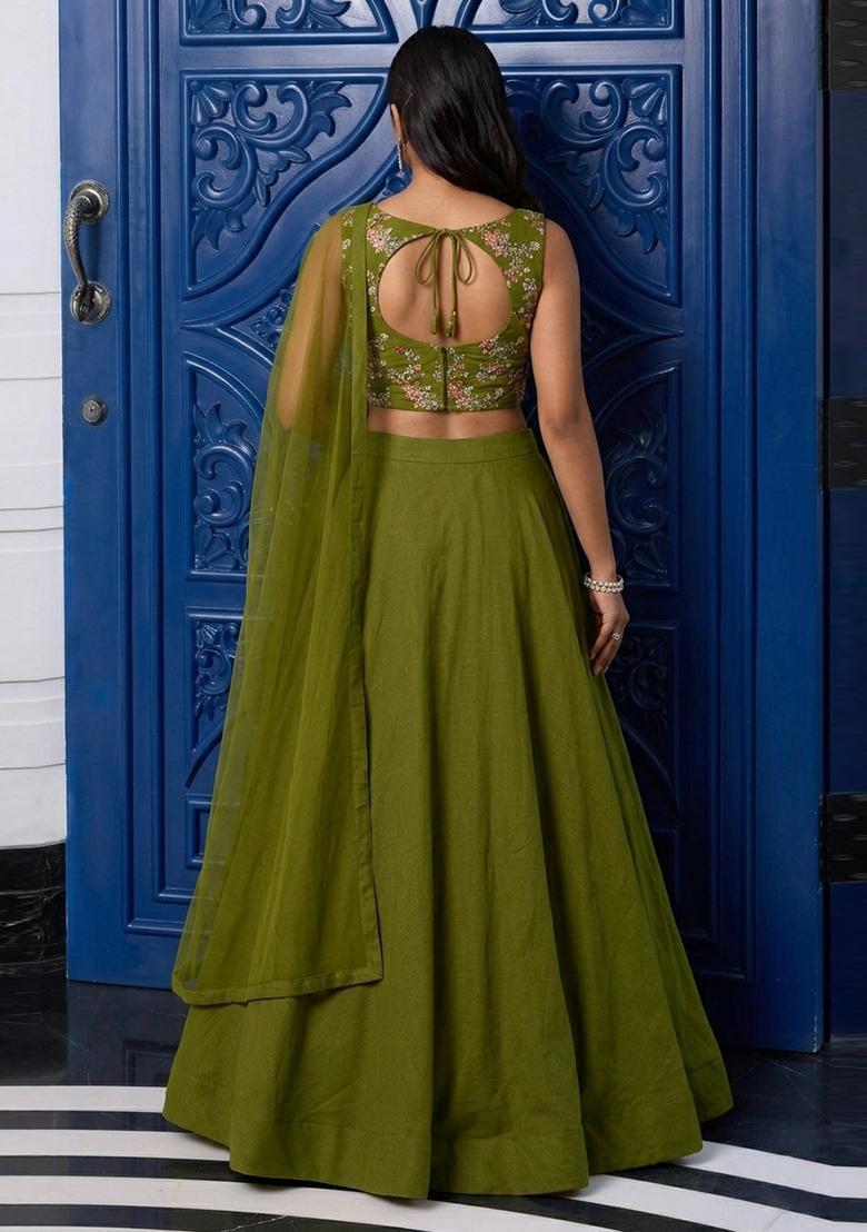 Olive Green Embroidered Crepe Lehenga Set - Indya
