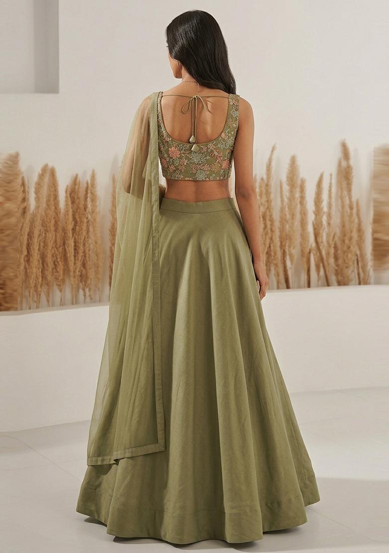 Sage Green Sequin Crepe Lehenga Set - Indya
