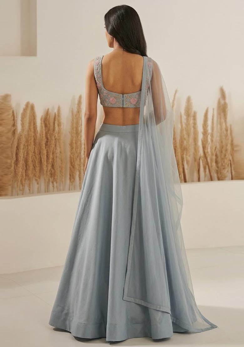 Steel Grey Sequin Crepe Lehenga Set - Indya