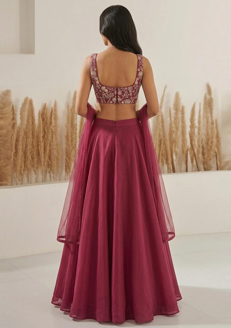 Deep Pink Sequin Crepe Lehenga Set - Indya
