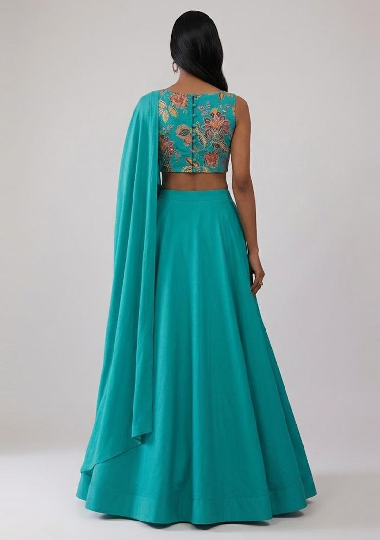 Teal Printed Organza Lehenga Set - Indya