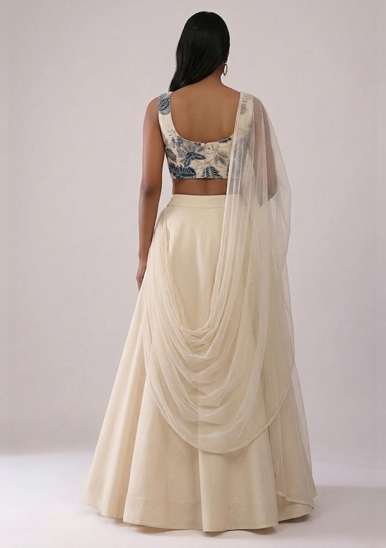 Off White Printed Organza Lehenga Set - Indya