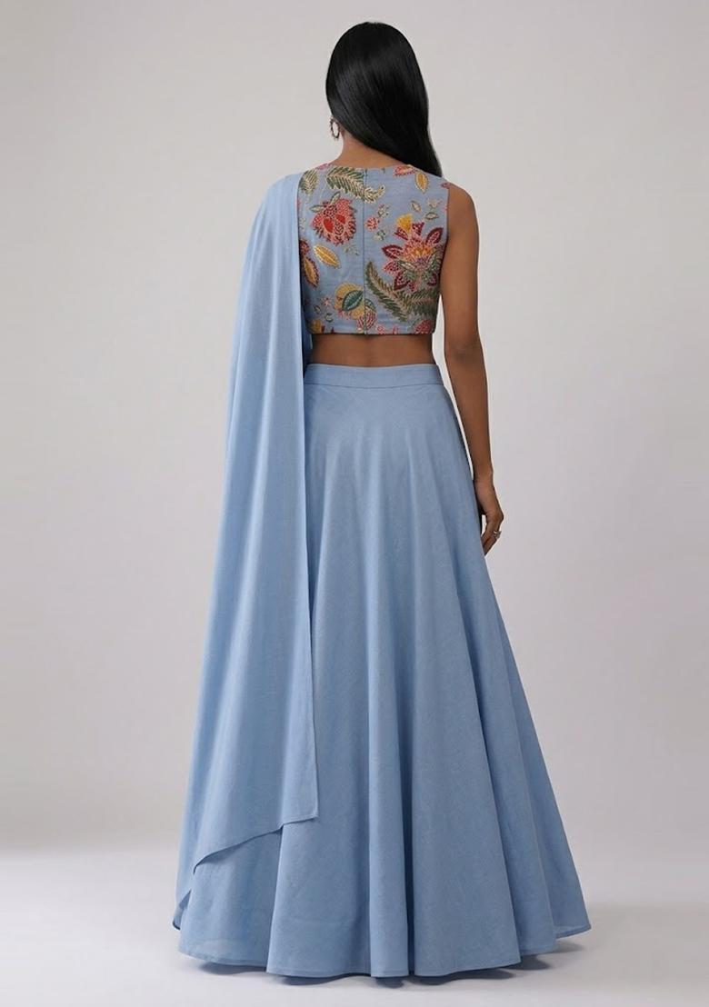 Powder Blue Printed Organza Lehenga Set - Indya