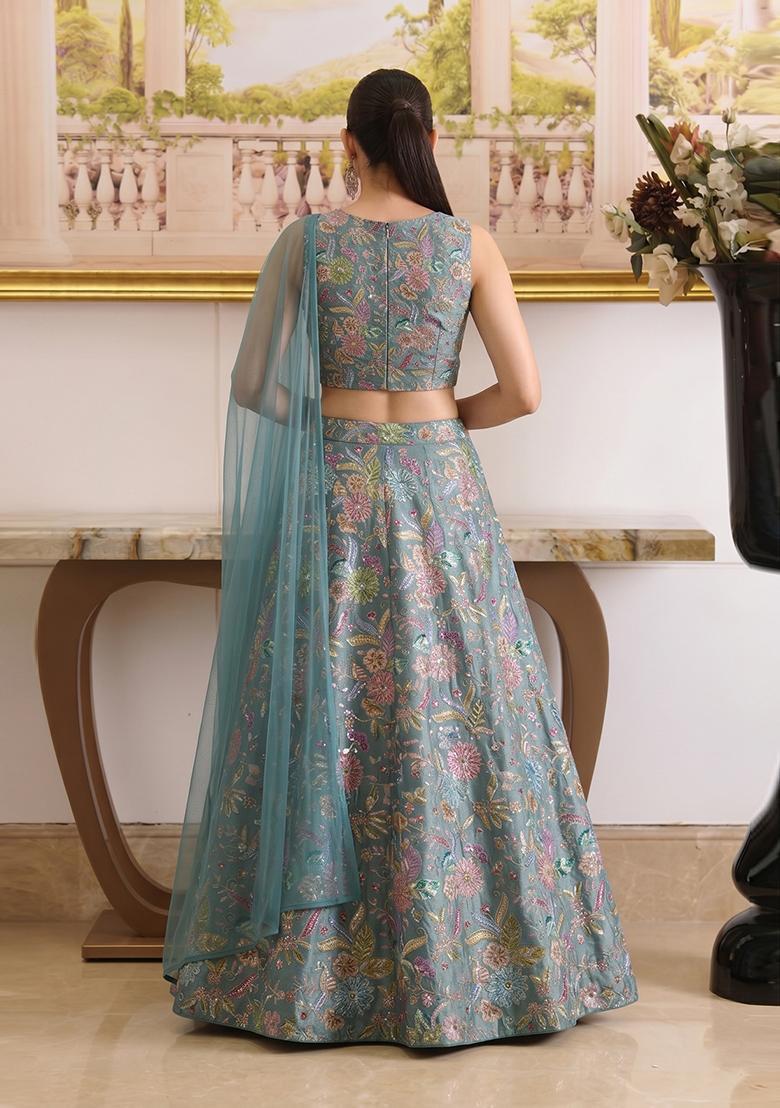 Dusty Blue Printed Crepe Lehenga Set - Indya
