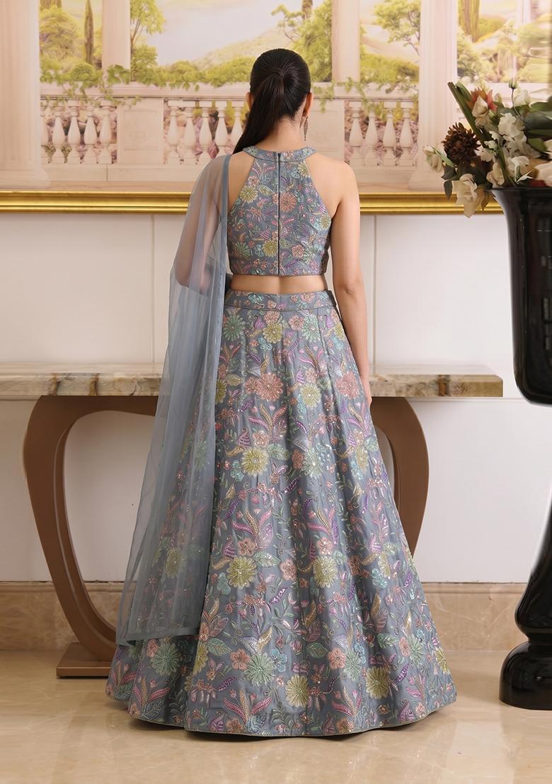 Steel Grey Printed Crepe Lehenga Set - Indya