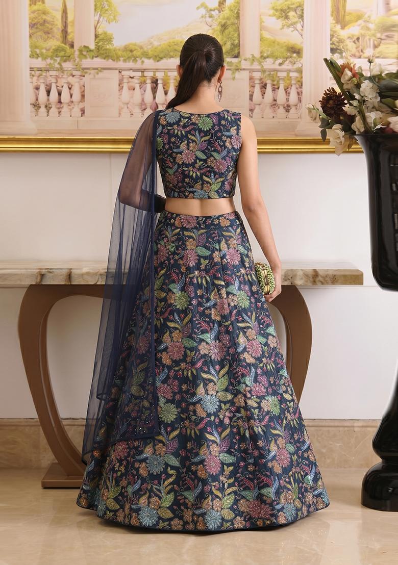 Navy Blue Printed Crepe Lehenga Set - Indya