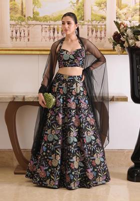 Black Printed Crepe Lehenga Set