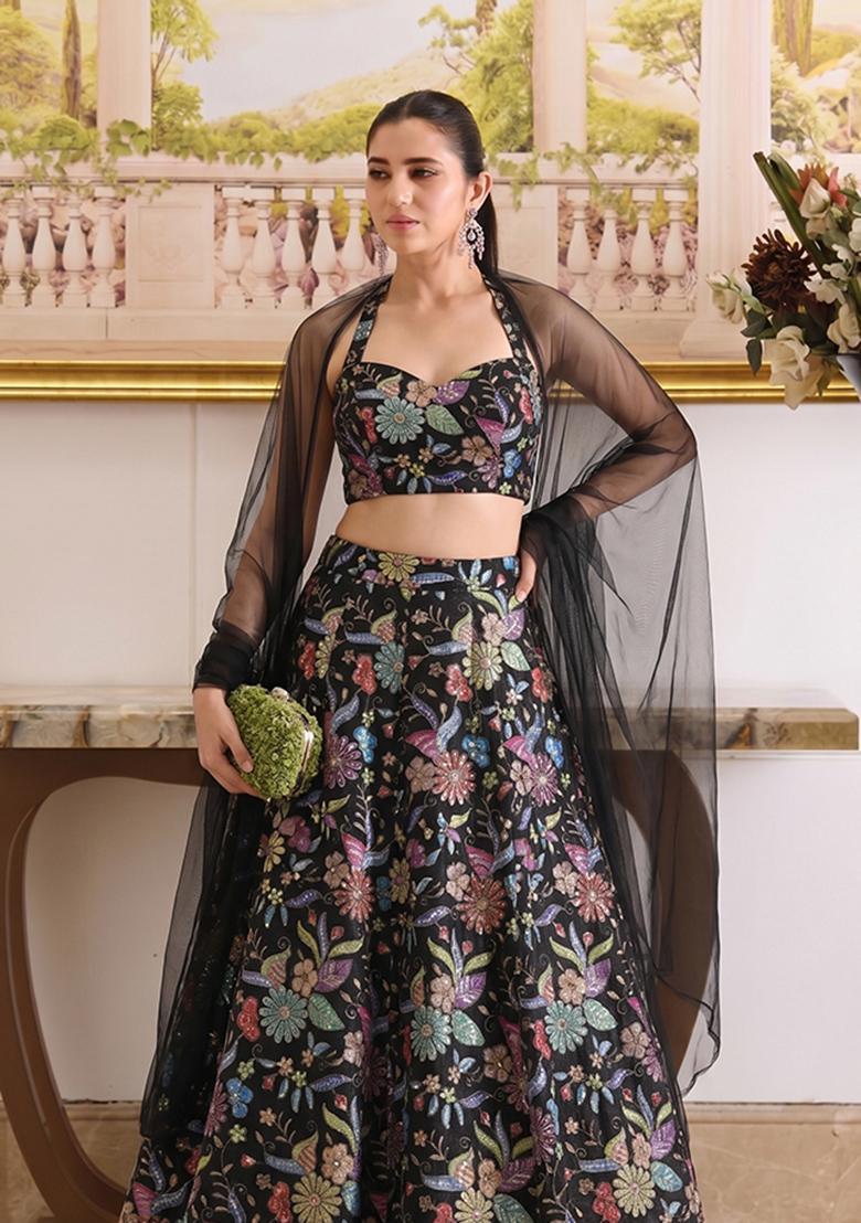 Black Printed Crepe Lehenga Set - Indya