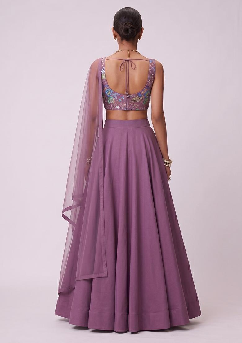 Mauve Printed Chinon Lehenga Set - Indya