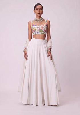 White Printed Chinon Lehenga Set
