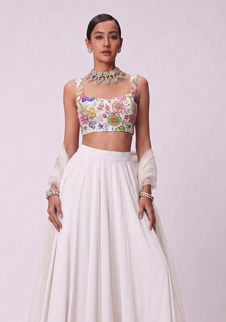 White Printed Chinon Lehenga Set - Indya