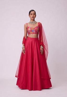 Red Printed Chinon Lehenga Set