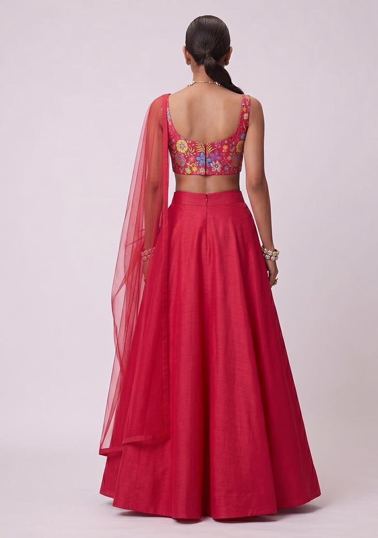 Red Printed Chinon Lehenga Set - Indya