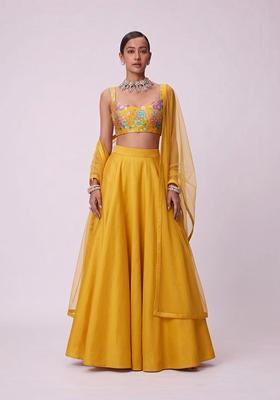 Mustard Printed Chinon Lehenga Set