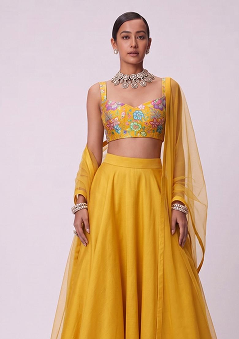 Mustard Printed Chinon Lehenga Set - Indya