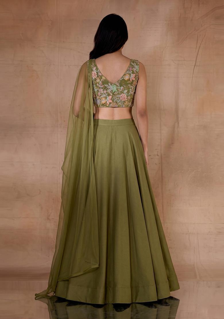 Olive Green Printed Crepe Lehenga Set - Indya