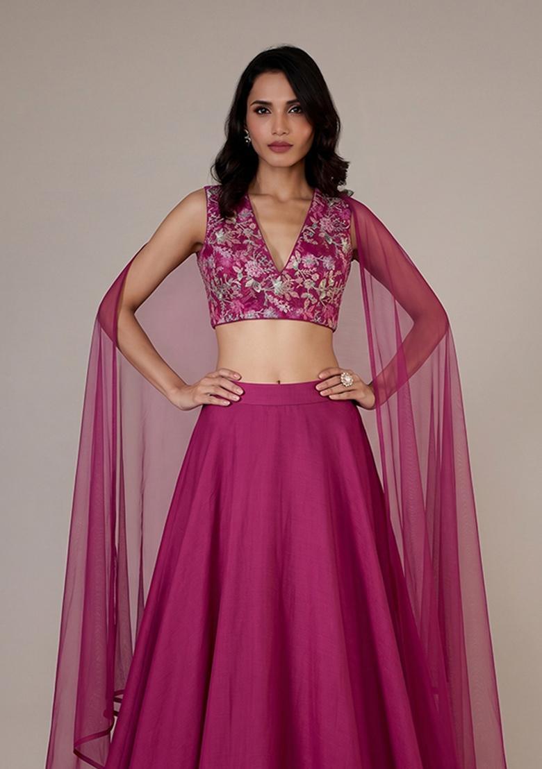 Purple Printed Crepe Lehenga Set - Indya