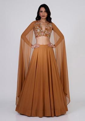 Brown Printed Crepe Lehenga Set