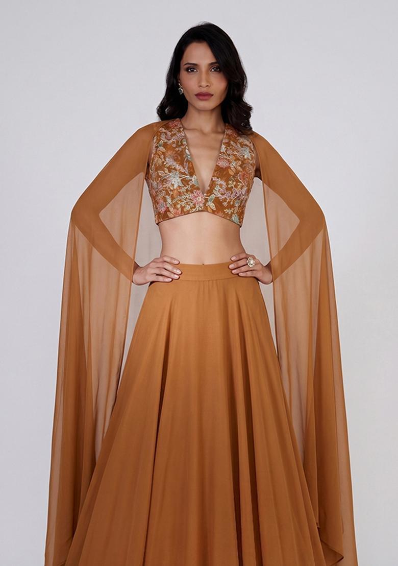 Brown Printed Crepe Lehenga Set - Indya