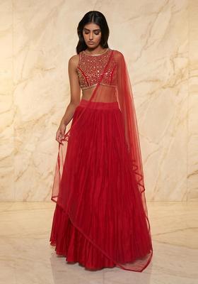 Bright Red Embroidered Handwork Lehenga Set