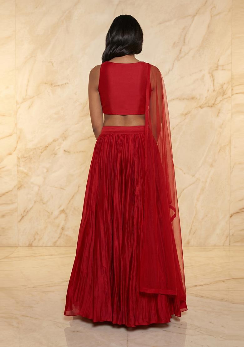 Bright Red Embroidered Handwork Lehenga Set - Indya
