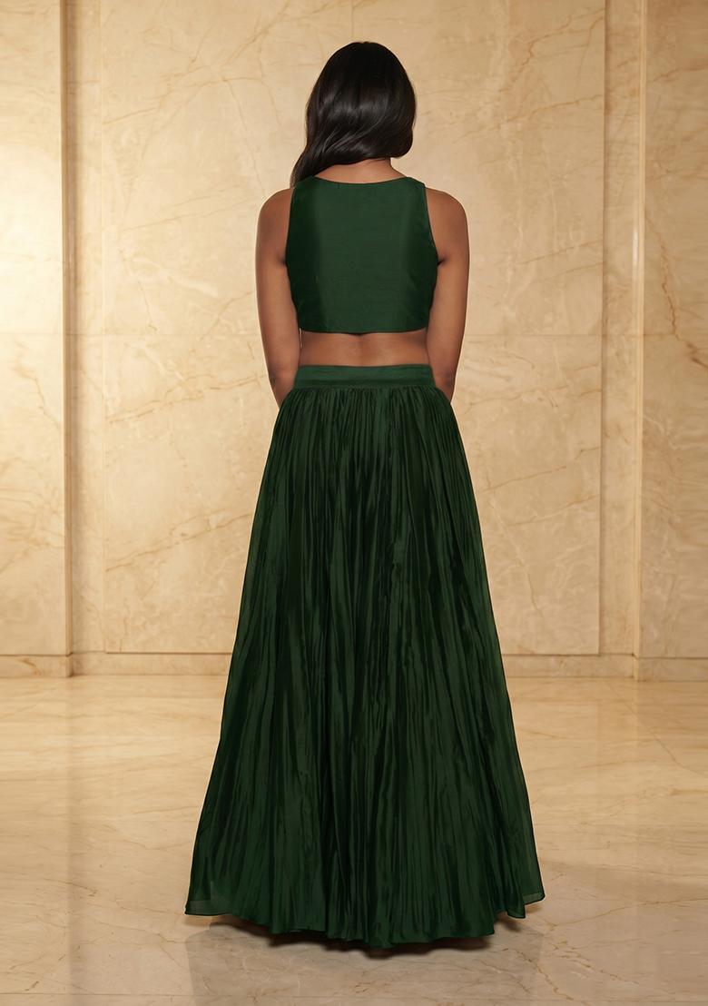 Bottle Green Embroidered Handwork Lehenga Set - Indya