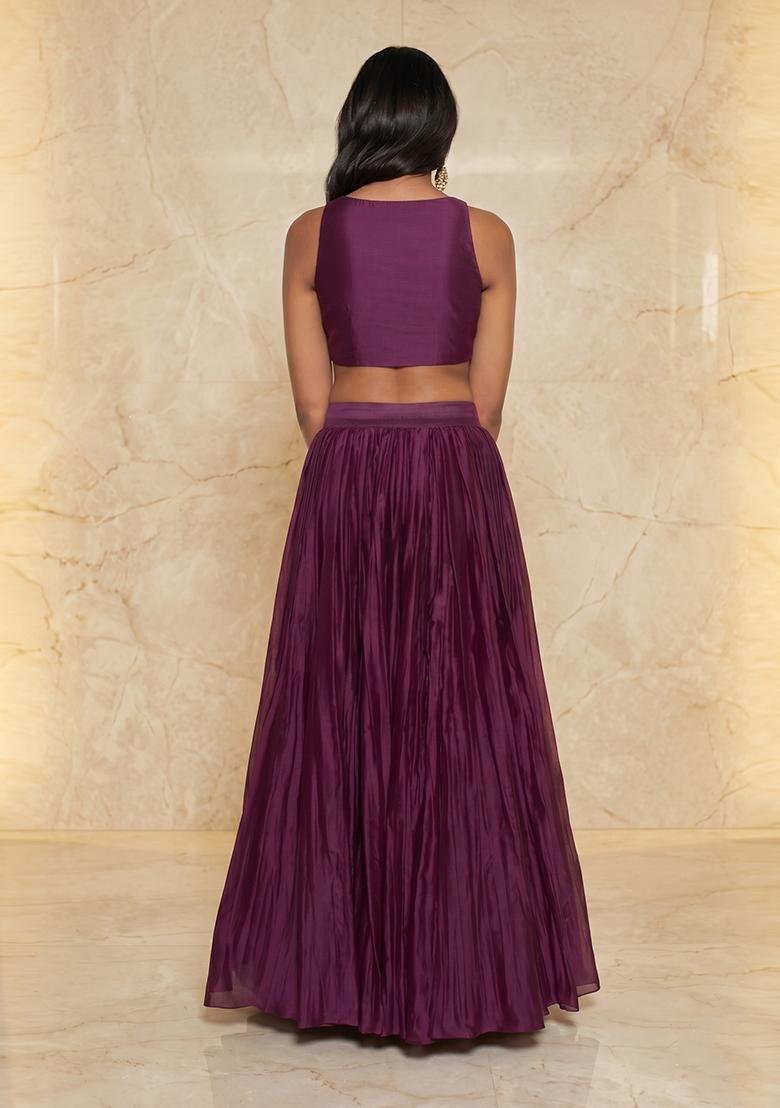 Plum Purple Embroidered Handwork Lehenga Set - Indya