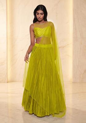 Lime Green Embroidered Handwork Lehenga Set